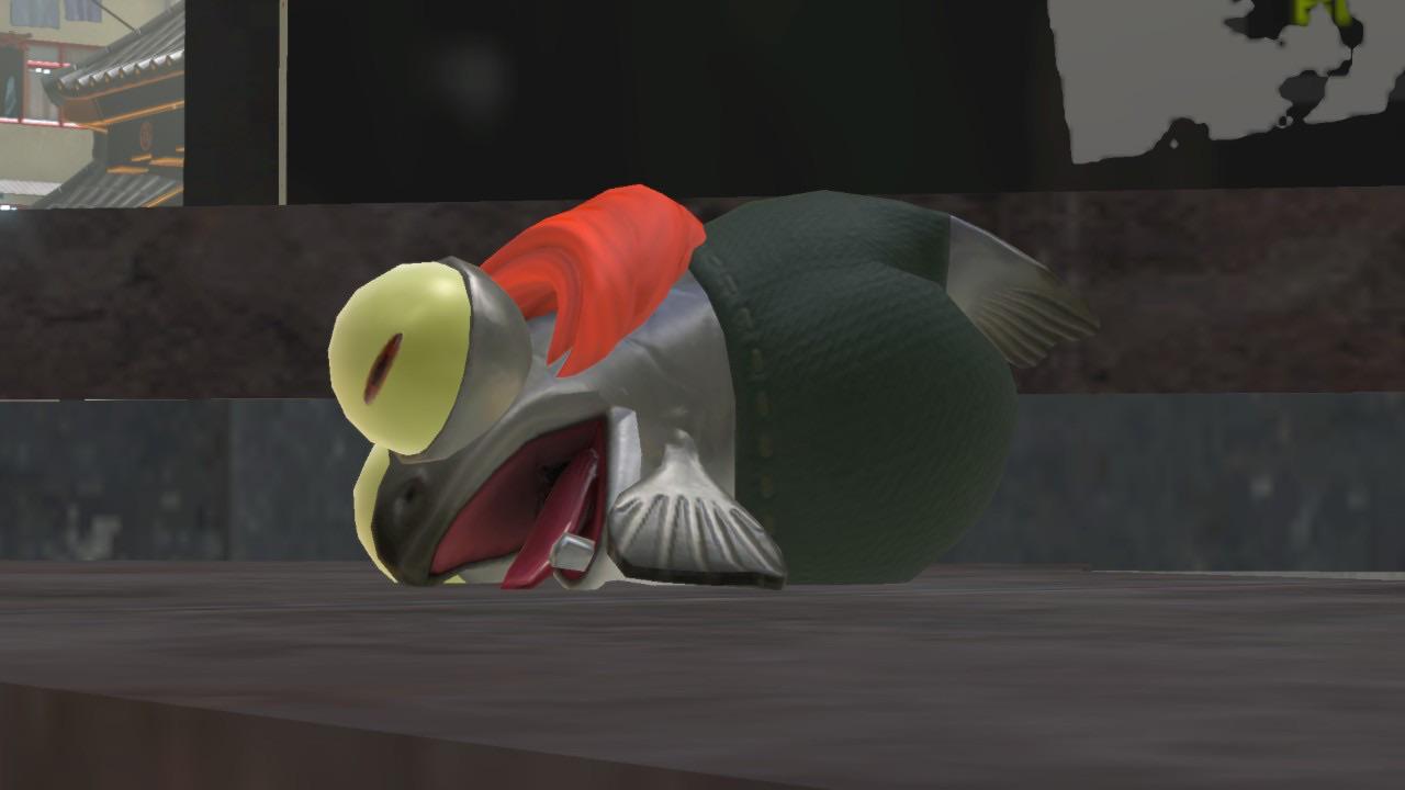 Splatoon 3 screenshot of little budddy napping on the pavement.